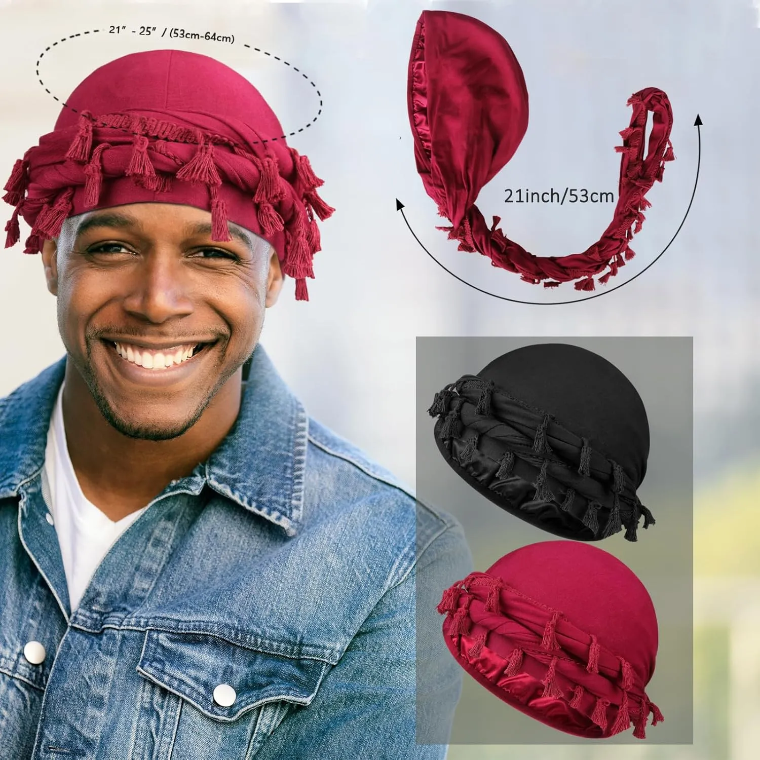 2 Pcs Satin Lined Turban With Long Twist Straps, Silky Head Wraps for Men, Halo Head Scarf for Hair