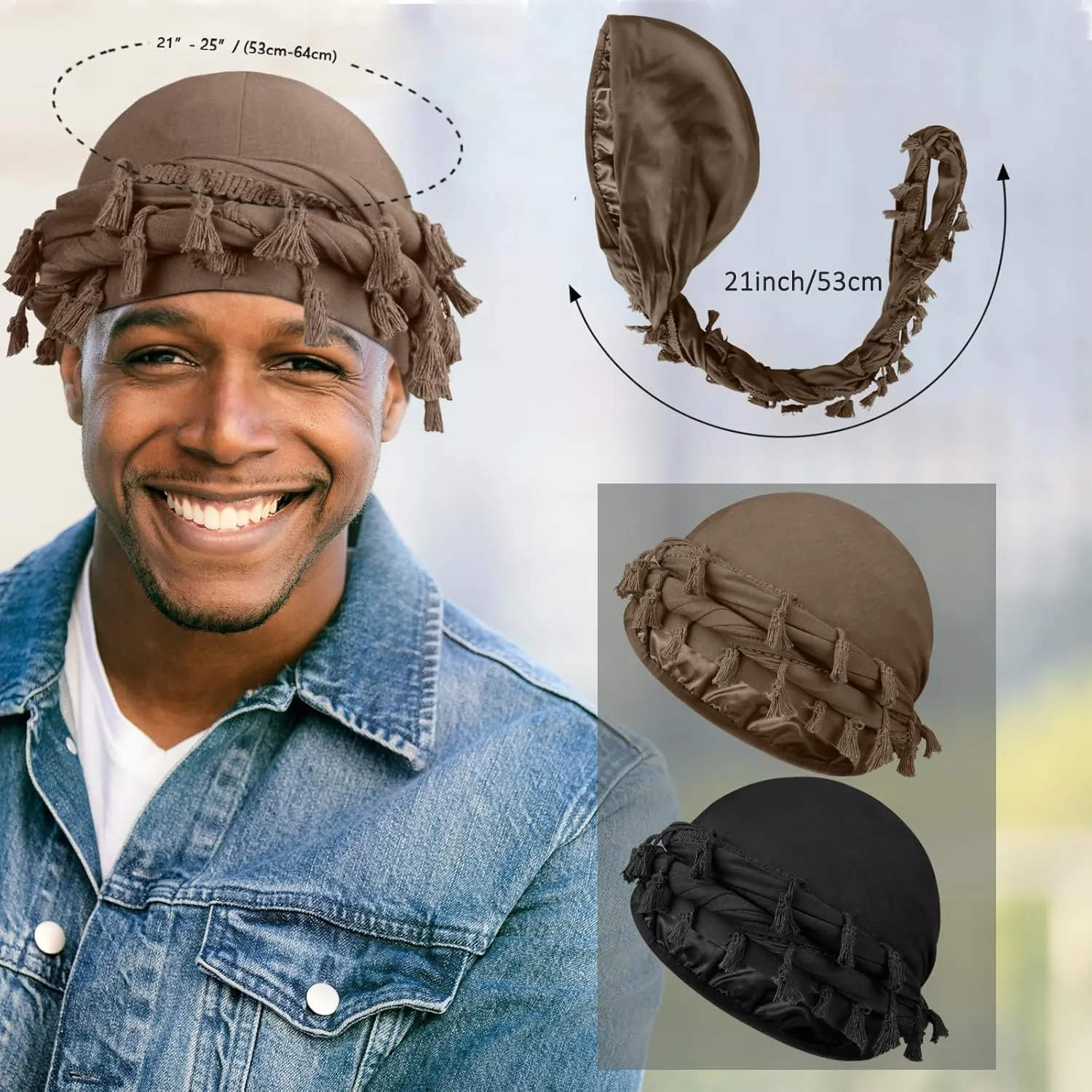 2 Pcs Satin Lined Turban With Long Twist Straps, Silky Head Wraps for Men, Halo Head Scarf for Hair