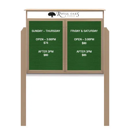 60" x 36" Outdoor Message Center Letter Board with Posts   Header | Eco-Design, Free-Standing 2-Door Faux Wood Enclosed Display Case