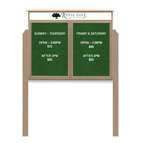 60" x 36" Outdoor Message Center Letter Board with Posts   Header | Eco-Design, Free-Standing 2-Door Faux Wood Enclosed Display Case