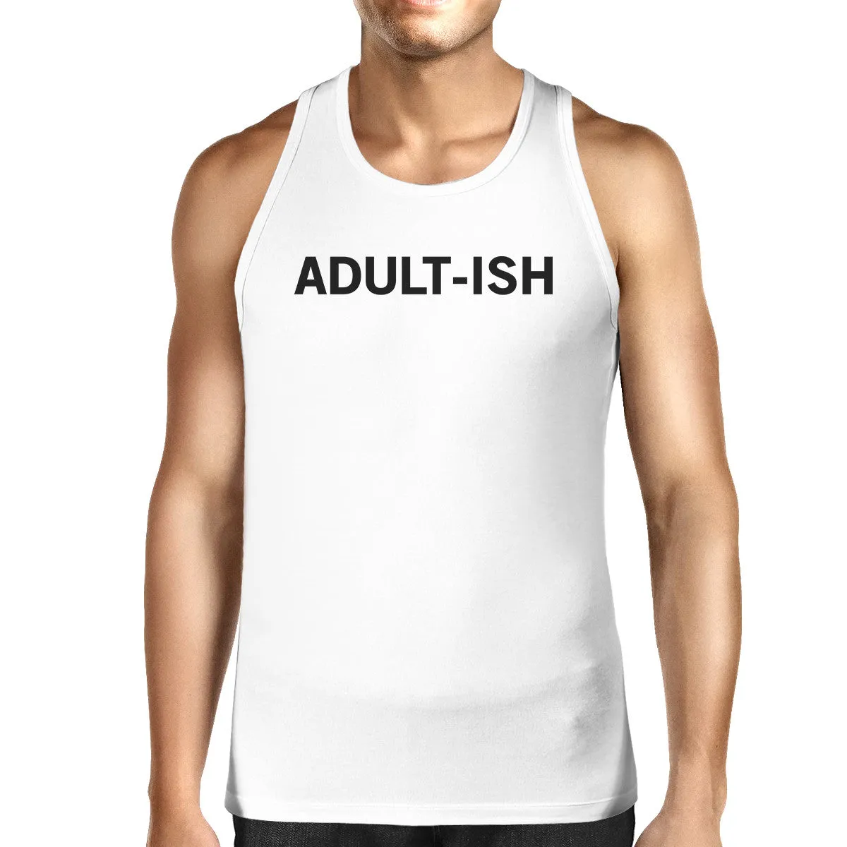 Adult-ish Mens White  Sleeveless Tank Top Trendy Typography Top