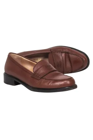 Chanel - Brown Leather Loafers w/ Stitched Logo Sz 7.5