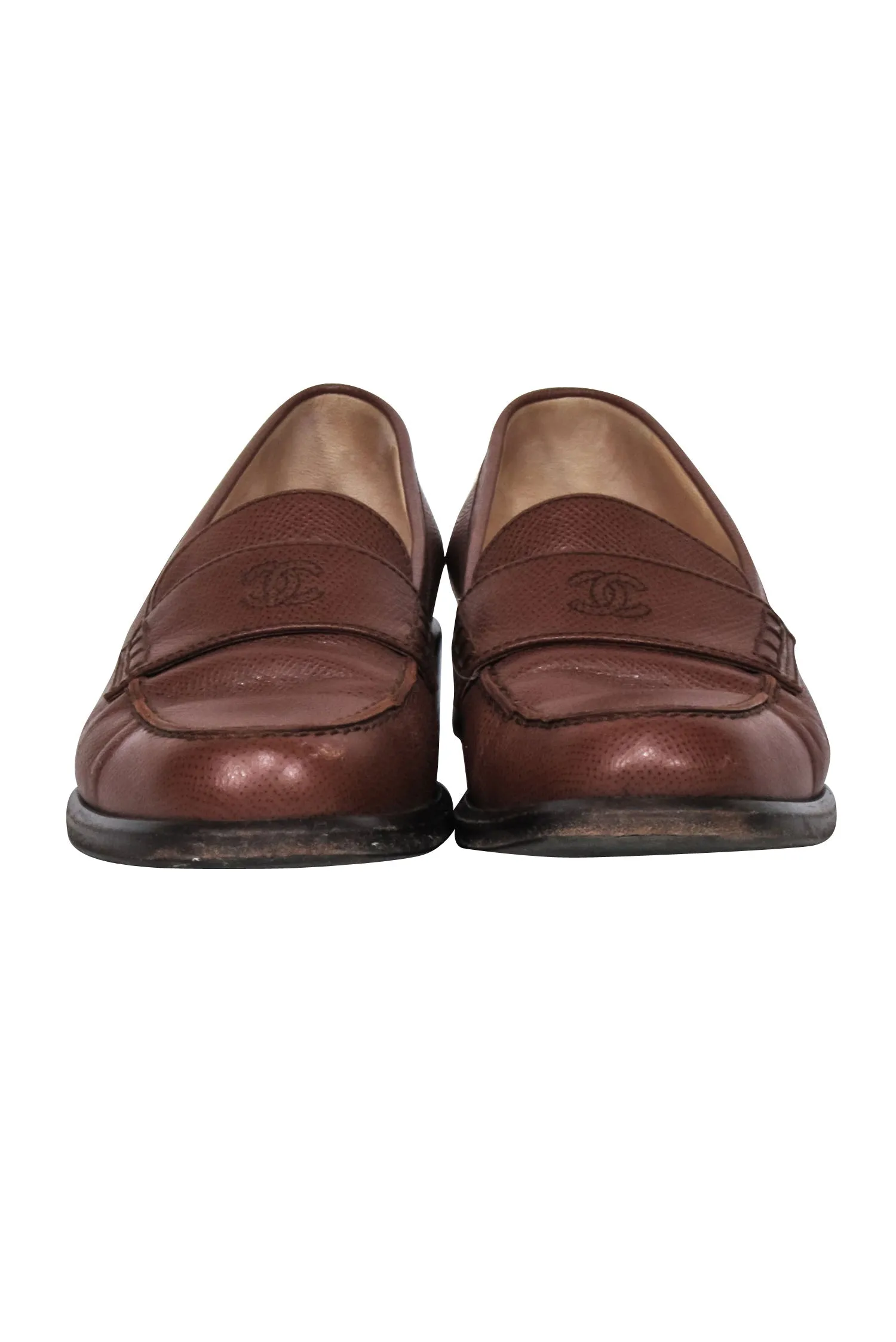 Chanel - Brown Leather Loafers w/ Stitched Logo Sz 7.5