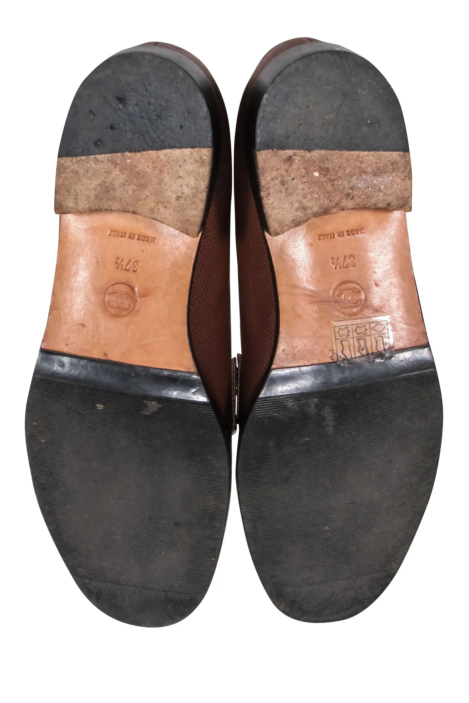 Chanel - Brown Leather Loafers w/ Stitched Logo Sz 7.5