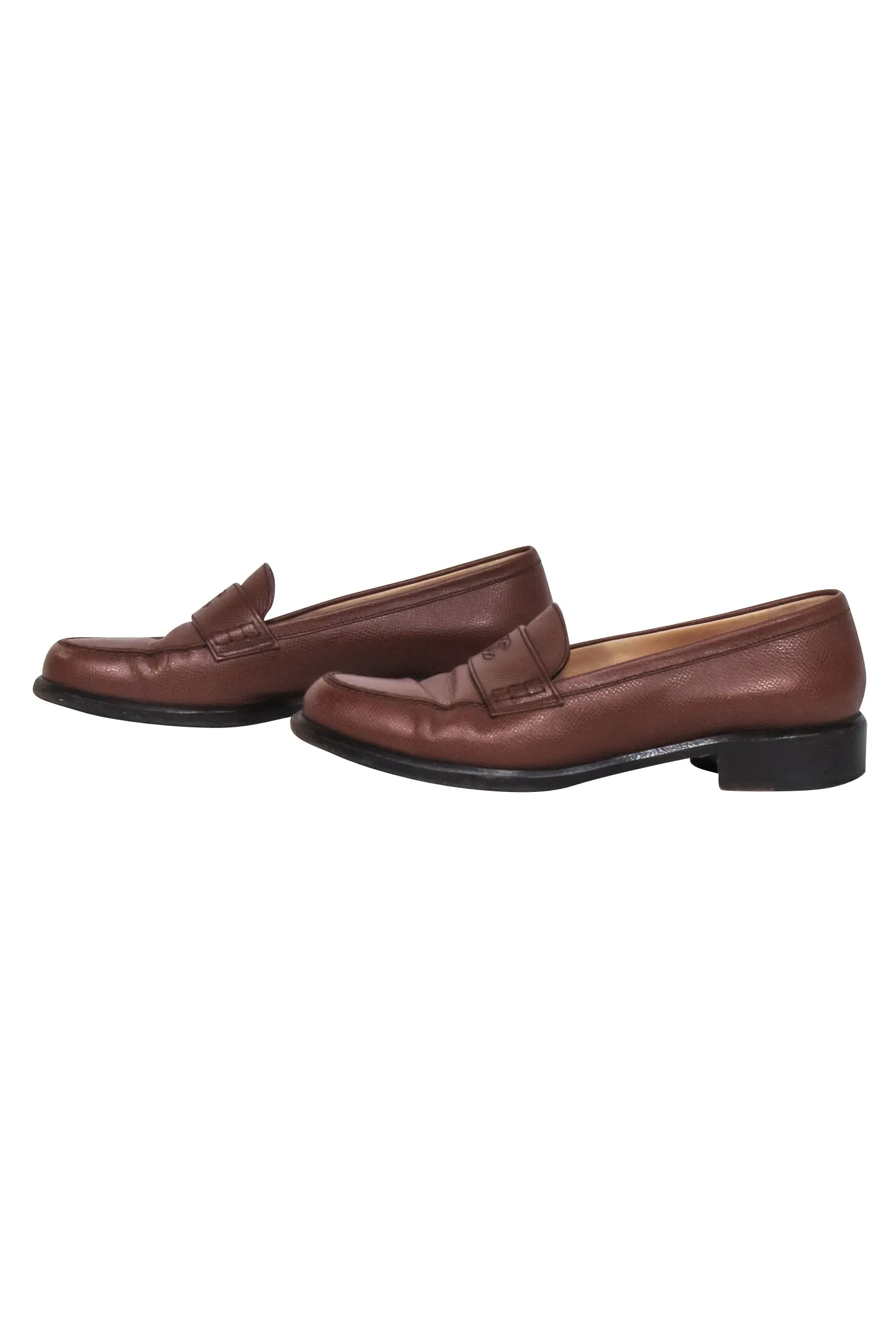 Chanel - Brown Leather Loafers w/ Stitched Logo Sz 7.5