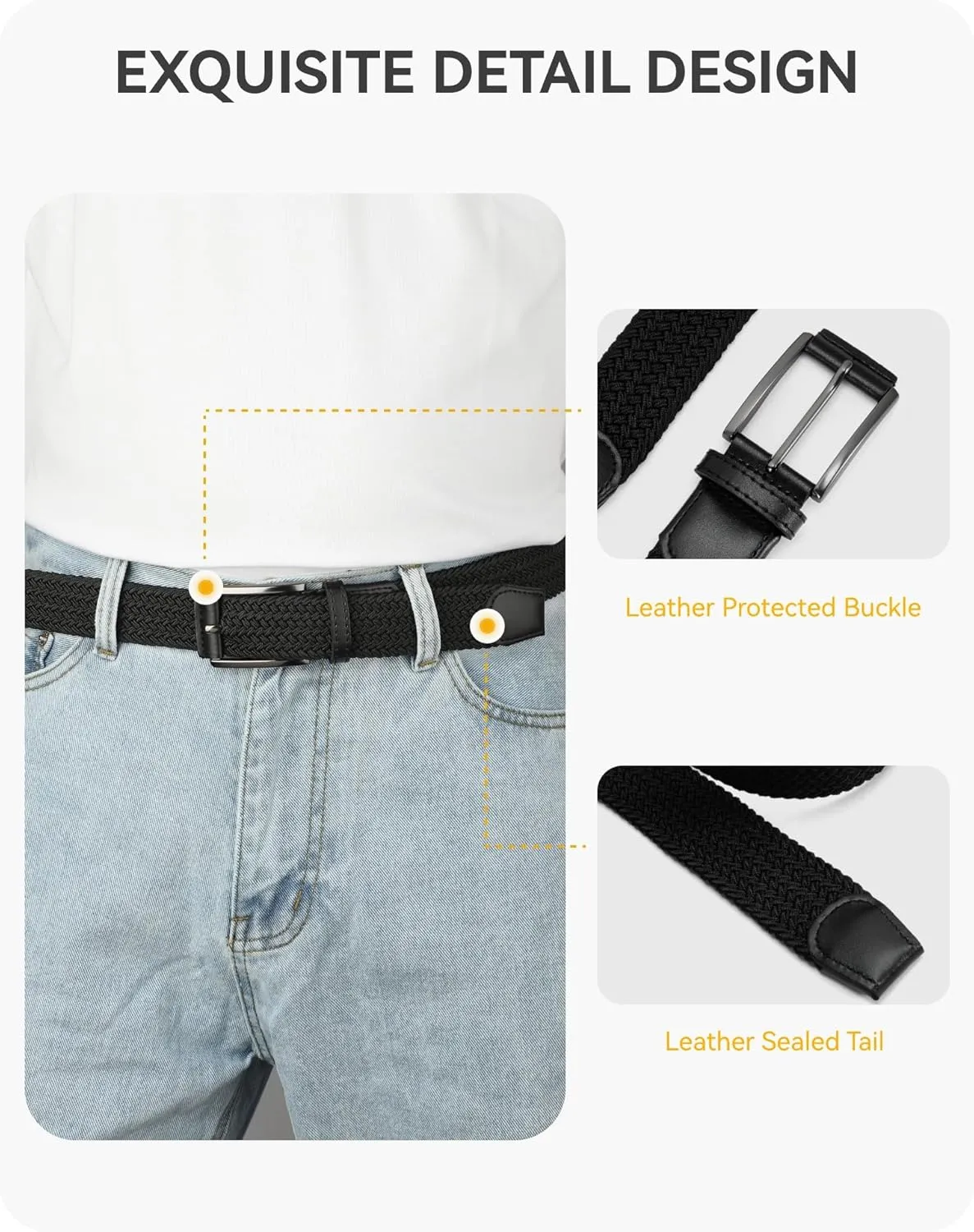 CHAOREN Mens Stretch Belt - 1 3/8" Elastic Braided Golf Belt for Men - Stretchy Web Fit Summer Casual Jeans