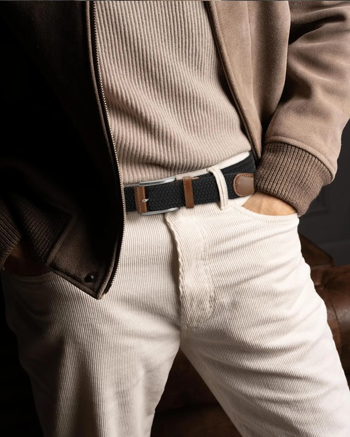 CHAOREN Mens Stretch Belt - 1 3/8" Elastic Braided Golf Belt for Men - Stretchy Web Fit Summer Casual Jeans
