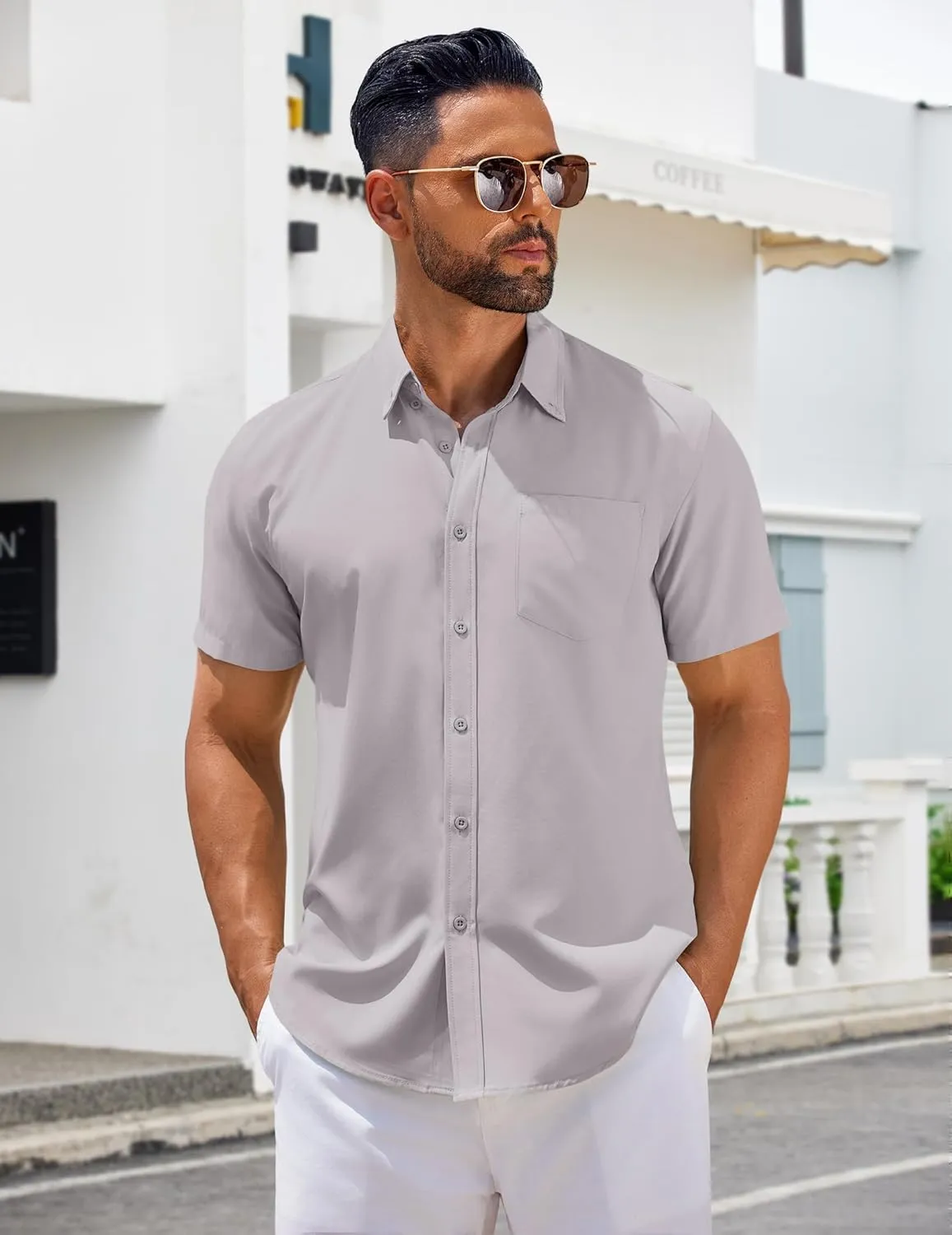 COOFANDY Men's Short Sleeve Button Down Shirts Casual Summer Untucked Wrinkle Free Dress Shirts with Pocket