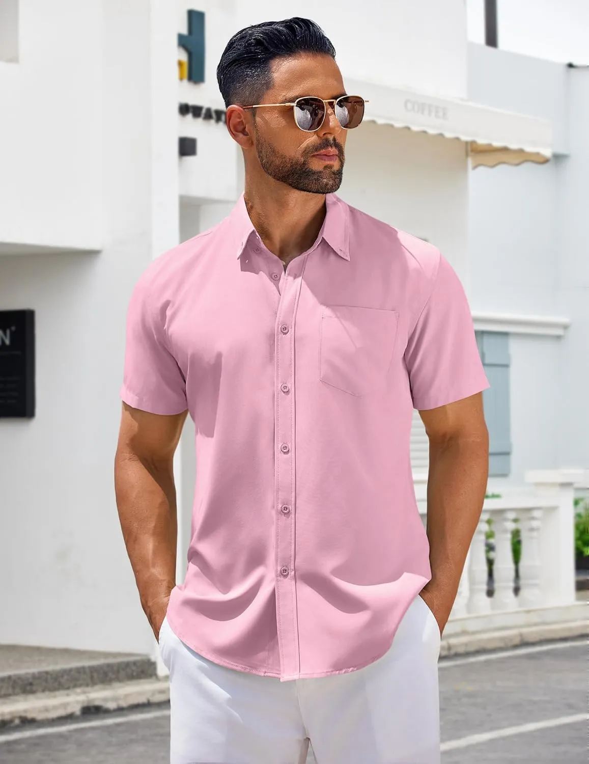 COOFANDY Men's Short Sleeve Button Down Shirts Casual Summer Untucked Wrinkle Free Dress Shirts with Pocket