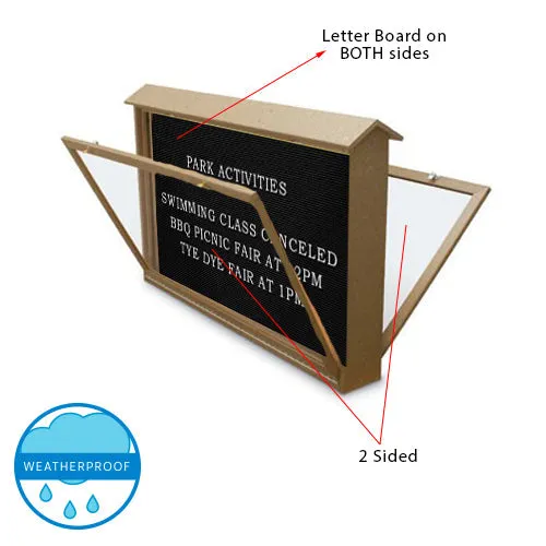 DOUBLE-SIDED Outdoor Message Center Letter Board 48 x 48 with Posts | Eco-Design, Faux Wood, BOTTOM Hinged Cabinet Doors