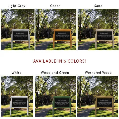 DOUBLE-SIDED Outdoor Message Center Letter Board 48 x 48 with Posts | Eco-Design, Faux Wood, BOTTOM Hinged Cabinet Doors