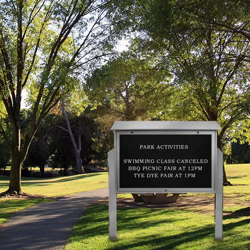 DOUBLE-SIDED Outdoor Message Center Letter Board 60 x 24 with Posts | Eco-Design, Faux Wood, BOTTOM Hinged Cabinet Doors