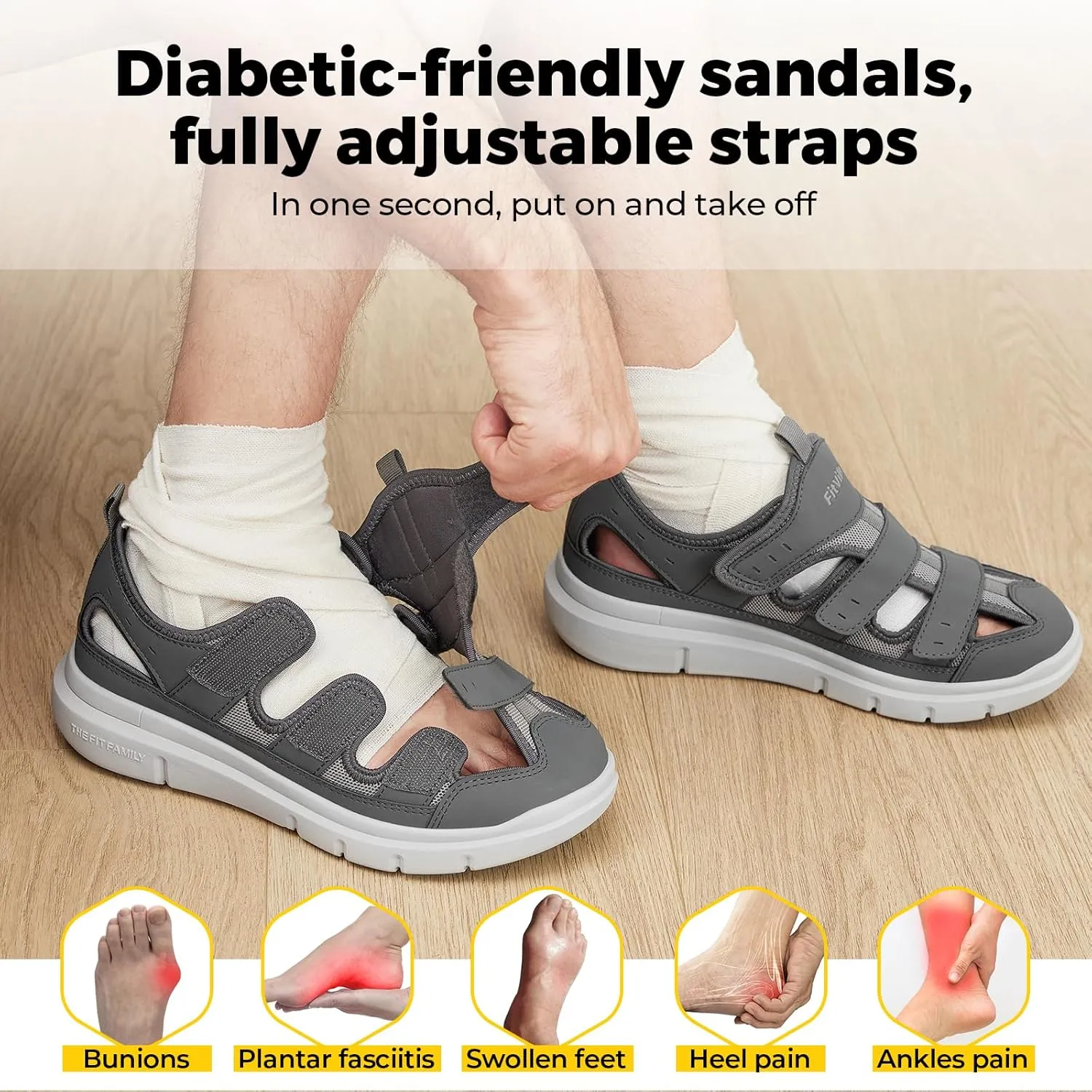 FitVille Diabetic Sandals for Men Wide Width with Arch Support Comfortable Mens Diabetic Sandals Fully Adjustable Straps Lightweight