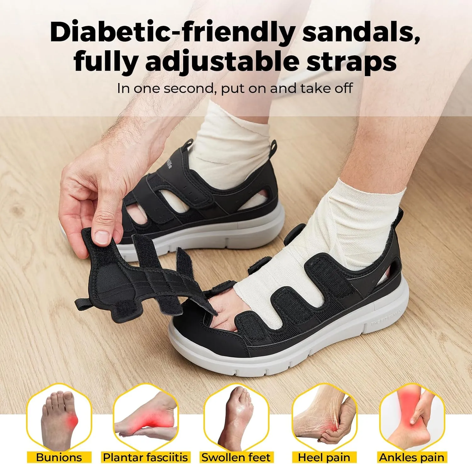 FitVille Diabetic Sandals for Men Wide Width with Arch Support Comfortable Mens Diabetic Sandals Fully Adjustable Straps Lightweight