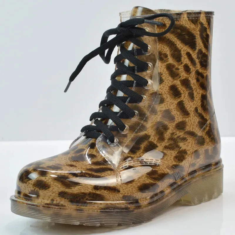 Joskaa New Spring Autumn Women Rain Boots Transparent Waterproof Colorful  Boot Woman Leopard Print Ankle Boots Big Size755