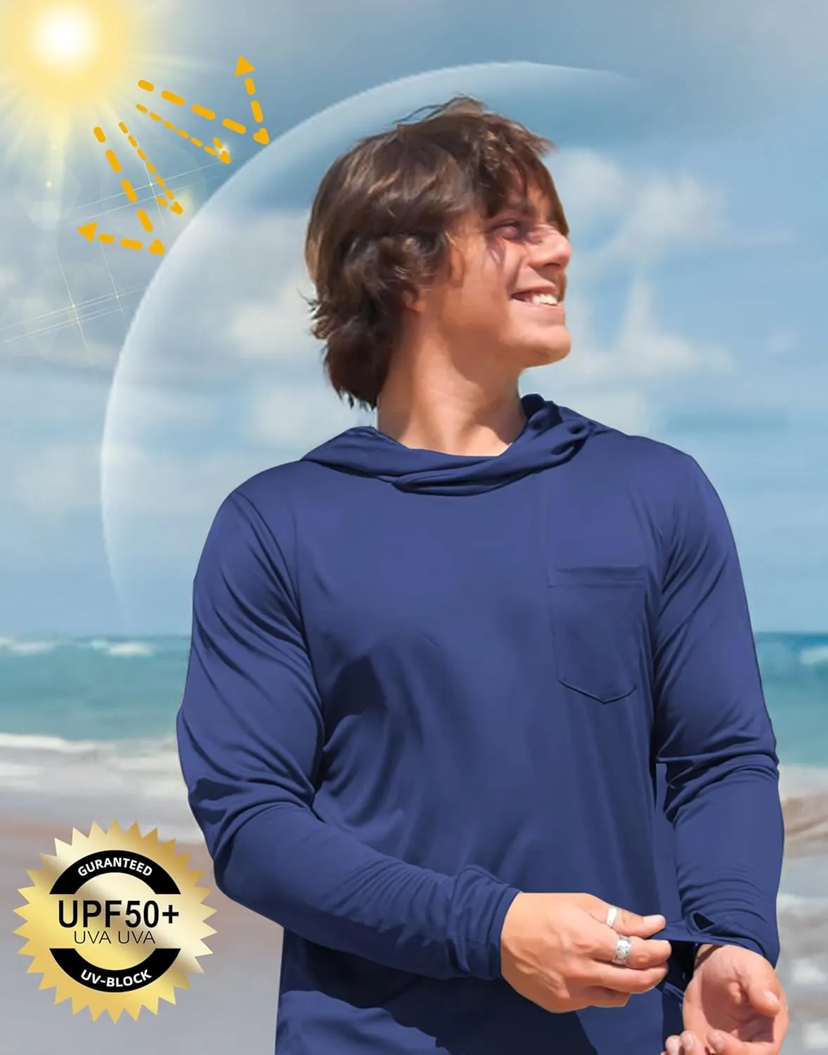 Men's Sun Protection Shirts UPF 50  Long Sleeve Hoodie with 2 Pockets UV SPF Fishing Hiking Rash Guard Shirts