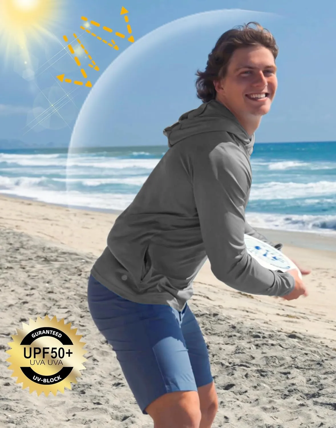 Men's Sun Protection Shirts UPF 50  Long Sleeve Hoodie with 2 Pockets UV SPF Fishing Hiking Rash Guard Shirts