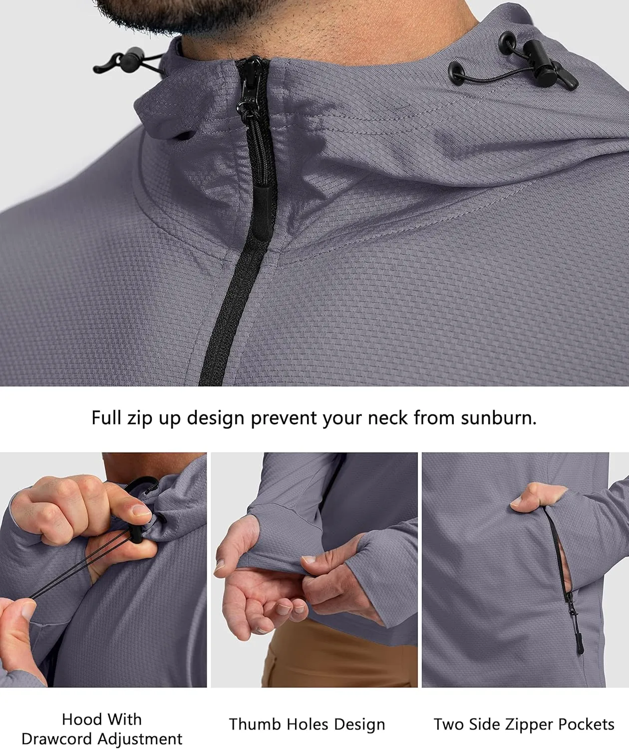 Men's UPF 50  Light Jacket Full Zip Sun Protection Hoodie Long Sleeve Sun Shirts for Men Hiking Fishing Zip Pockets