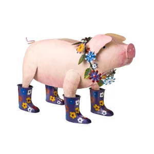 Plow & Hearth Handcrafted Metal Pig with Flowered Purple Rain Boots