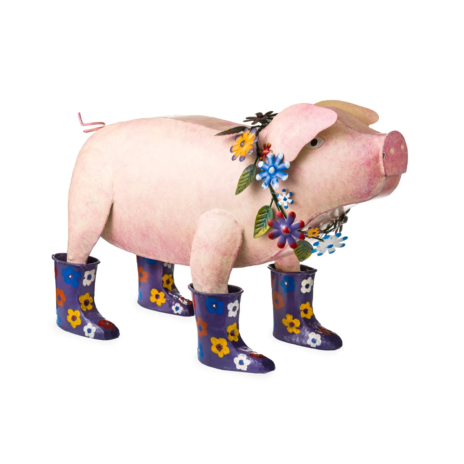 Plow & Hearth Handcrafted Metal Pig with Flowered Purple Rain Boots