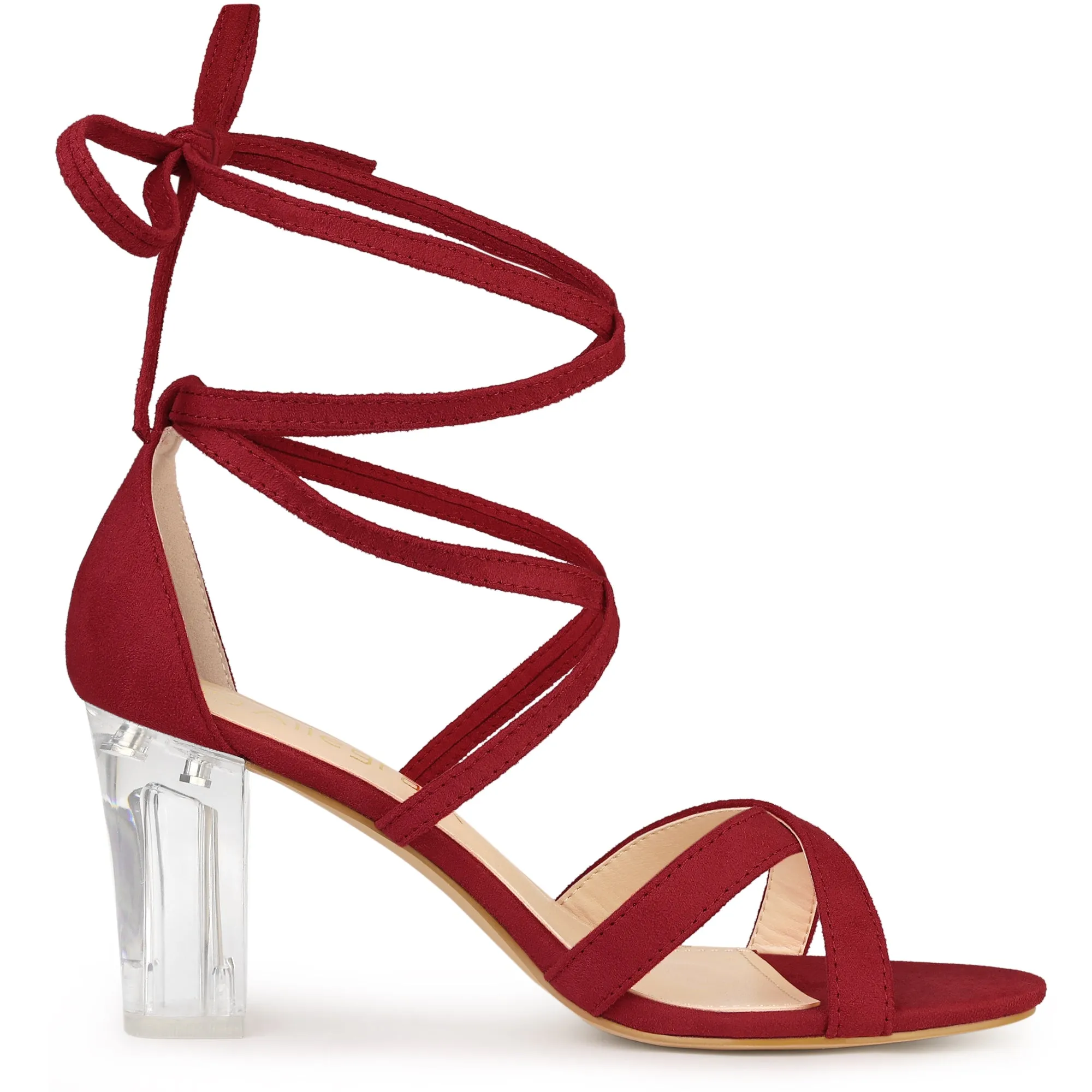 Velvet Vamp Ankle Lace Up Clear Block Heel Sandals