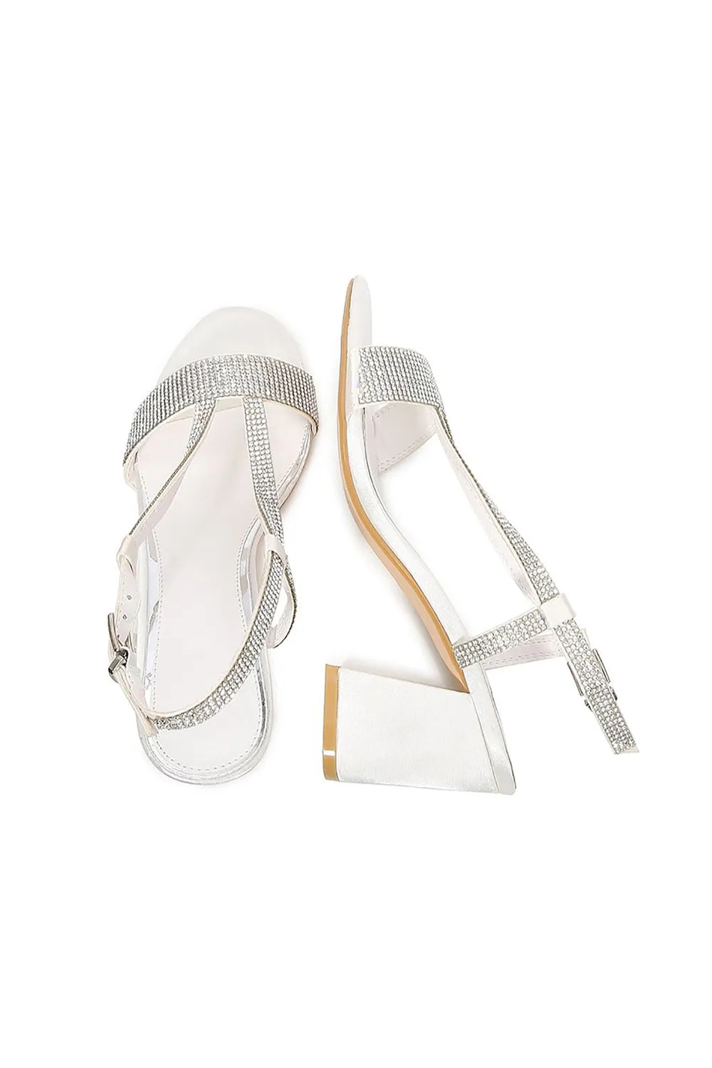 White Rhineshones Open Toe Block Heel Sandal