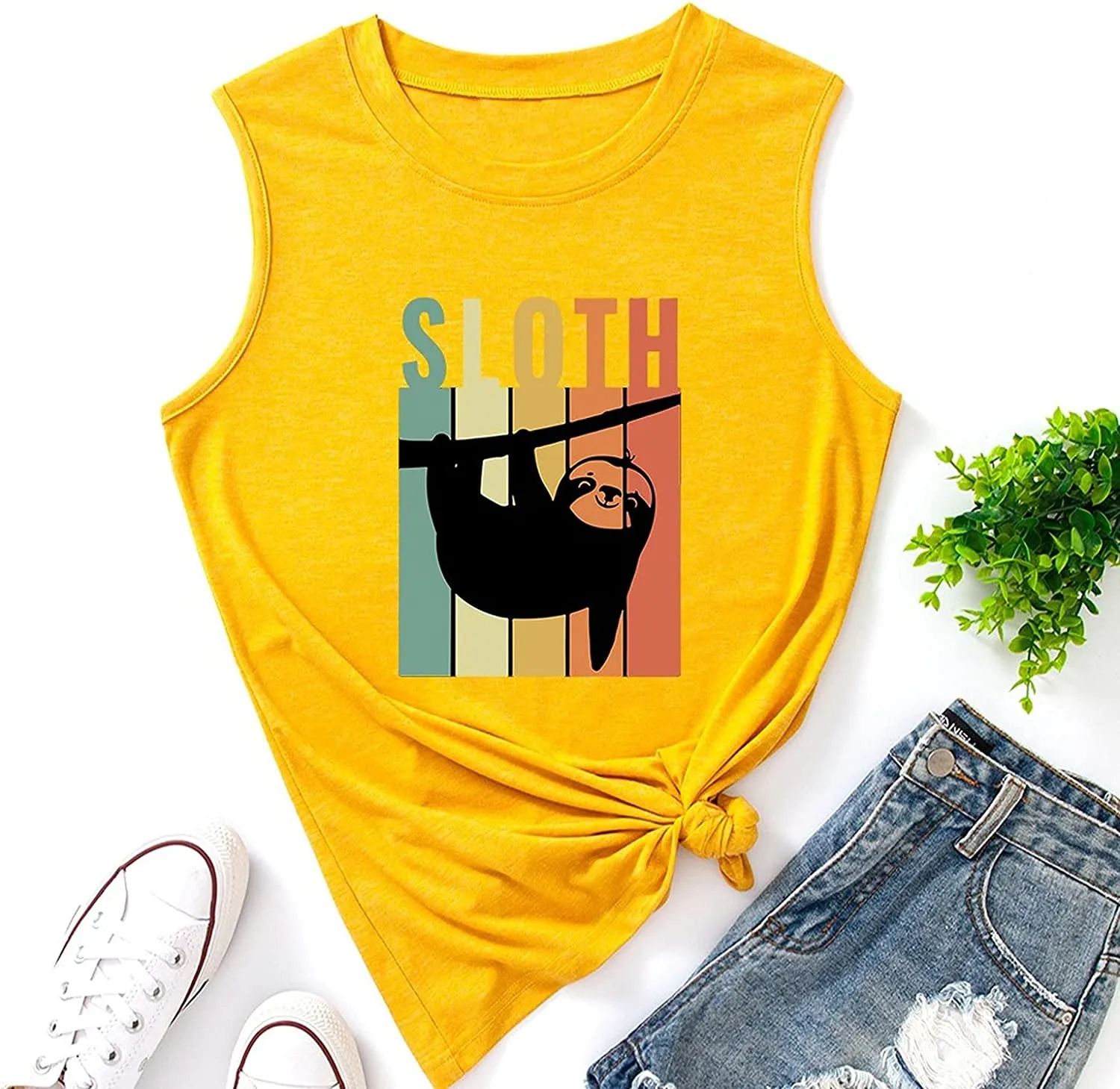 Women Vintage Retro Sloth Tank Trendy Sloth Graphic Tee Shirt